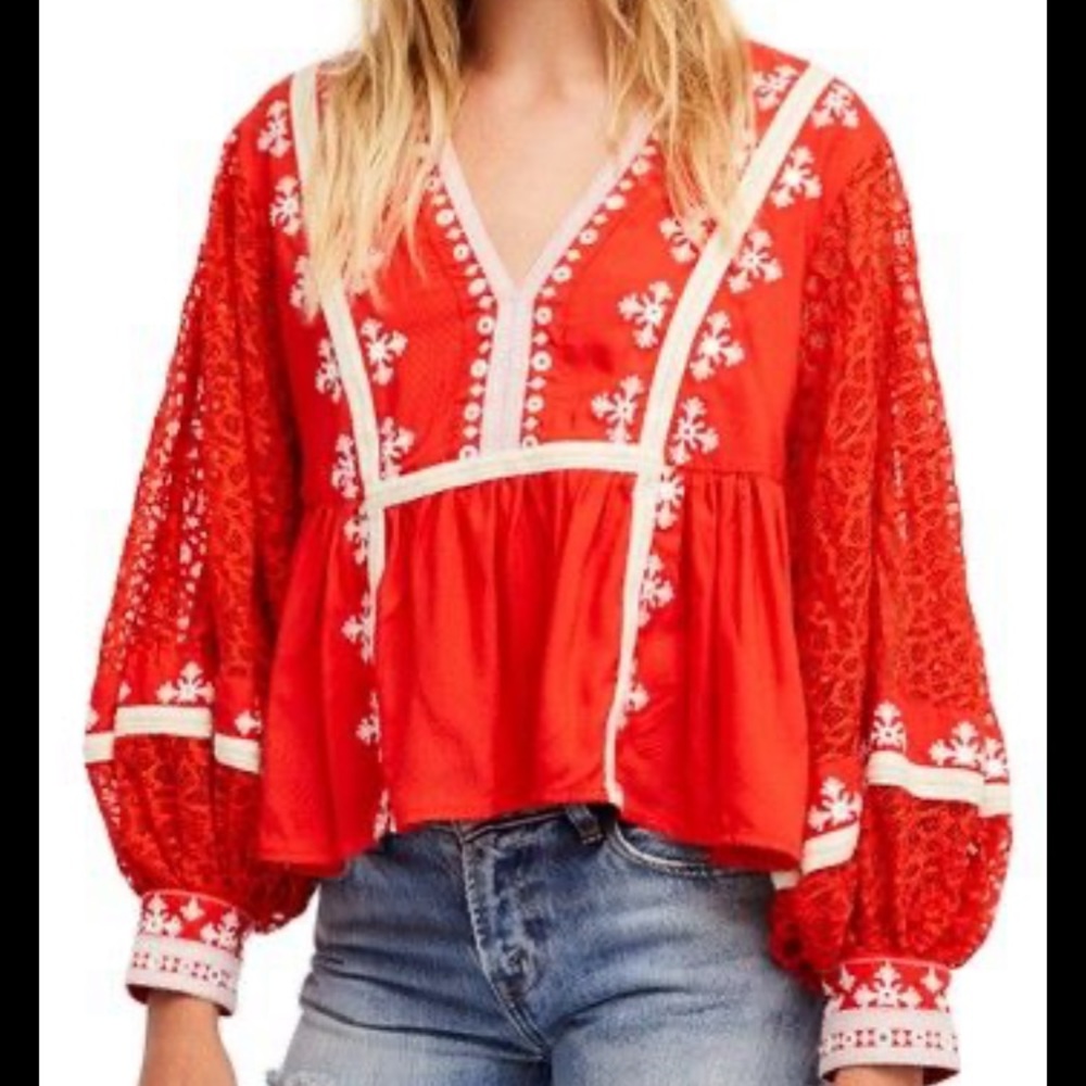 Free People Boogie All Night Embroidered Red Peasant Top Small